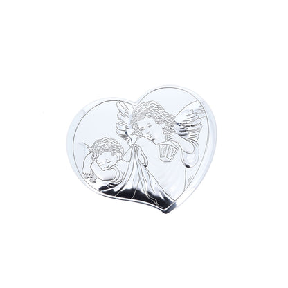 Quadro in argento Angelo Custode, retro legno bianco. Dimensioni 7,5x6,5 cm