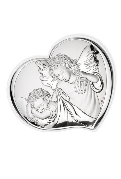 Quadro in argento Angelo Custode, retro legno bianco. Dimensioni 7,5x6,5 cm