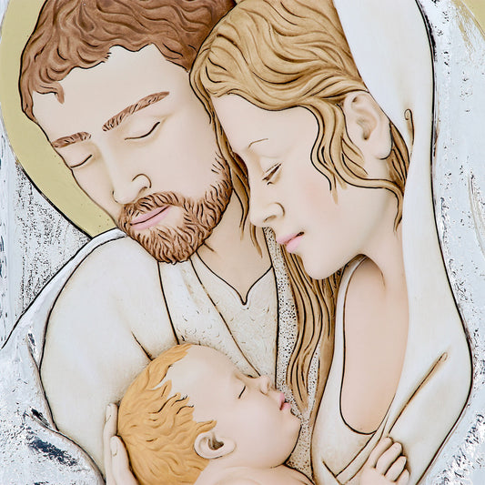 Quadro Sacra Famiglia in resina argentata su legno. Dimensioni 23x40 cm