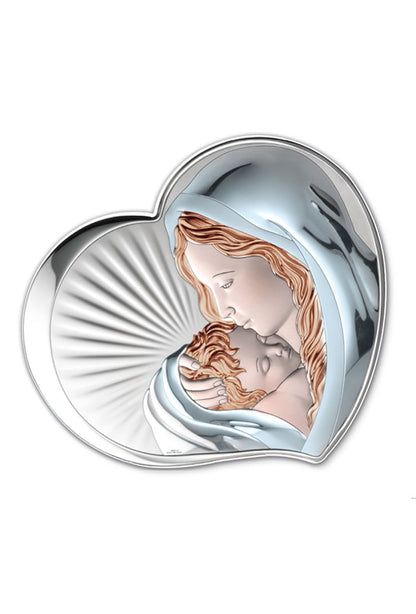 Quadro in argento Madonna con Bambino, retro legno bianco. Dimensioni 38x33,5 cm