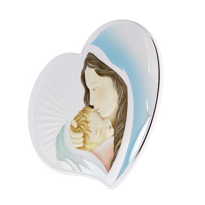 Quadro in argento Madonna con Bambino, retro legno bianco. Dimensioni 38x33,5 cm