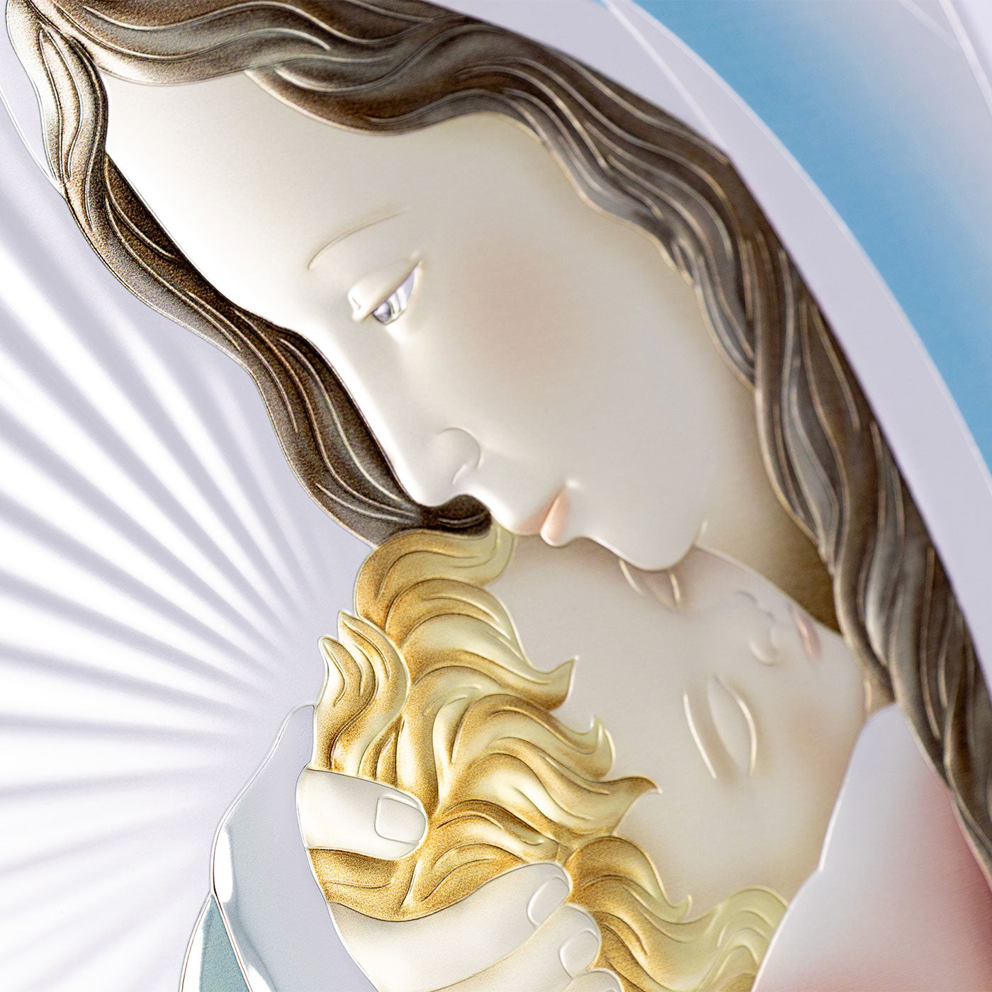 Quadro in argento Madonna con Bambino, retro legno bianco. Dimensioni 38x33,5 cm