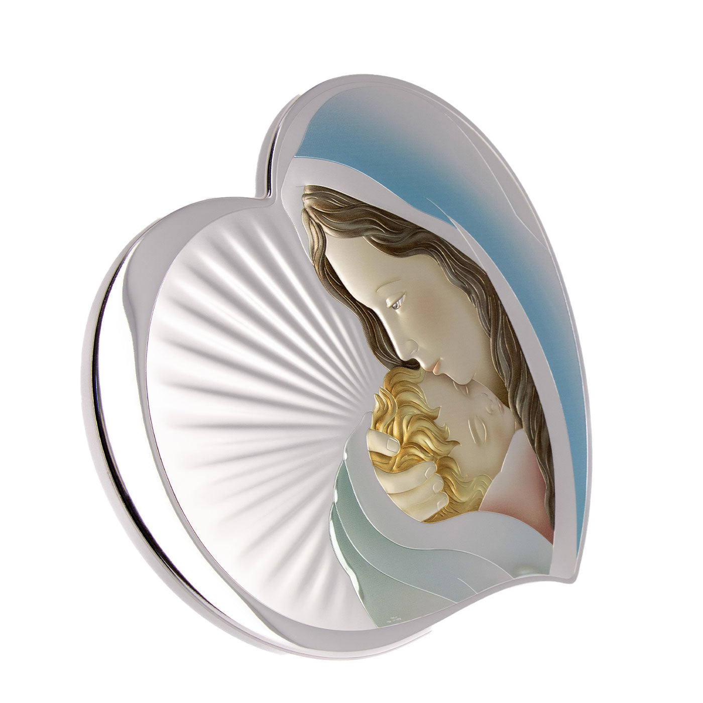 Quadro in argento Madonna con Bambino, retro legno bianco. Dimensioni 38x33,5 cm