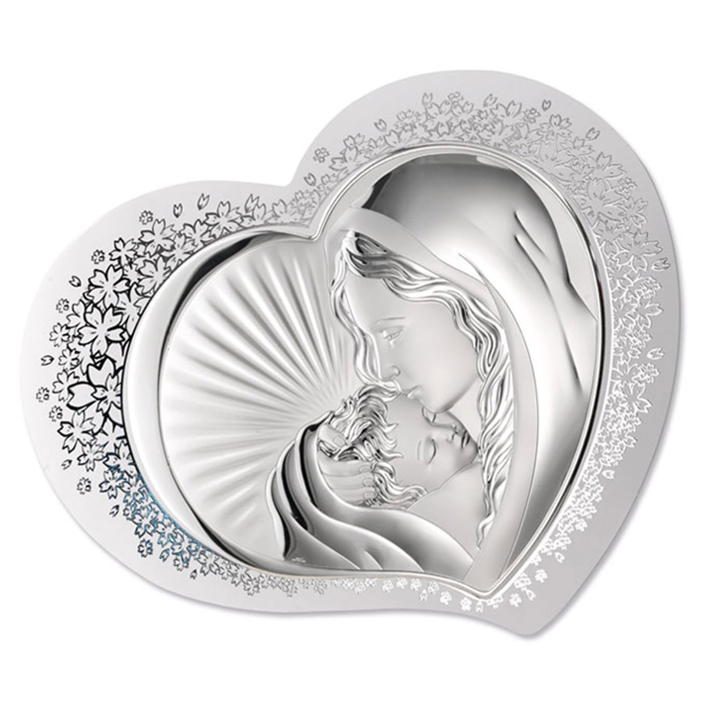 Quadro in argento Madonna con Bambino su cuore in legno bianco con decorazioni argentate. Dimensioni 55,5x45 cm