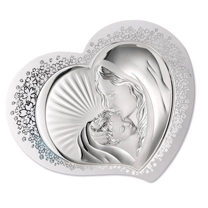 Quadro in argento Madonna con Bambino su cuore in legno bianco con decorazioni argentate. Dimensioni 55,5x45 cm