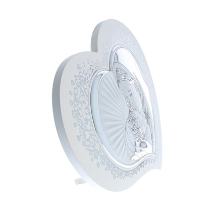 Quadro in argento Madonna con Bambino su cuore in legno bianco con decorazioni argentate. Dimensioni 55,5x45 cm