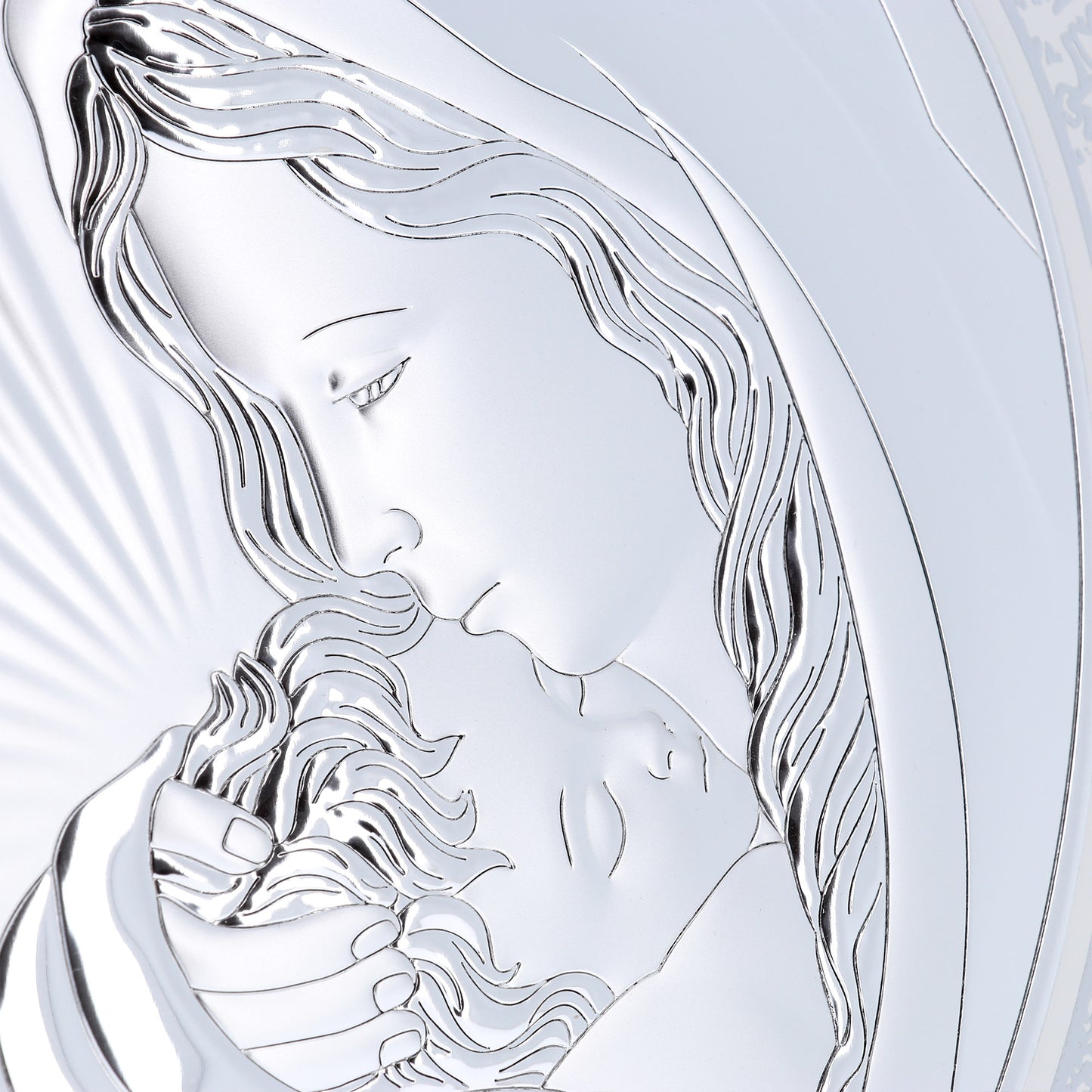 Quadro in argento Madonna con Bambino su cuore in legno bianco con decorazioni argentate. Dimensioni 46x37 cm