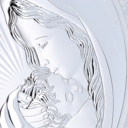 Quadro in argento Madonna con Bambino su cuore in legno bianco con decorazioni argentate. Dimensioni 46x37 cm