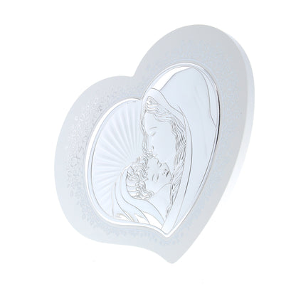 Quadro in argento Madonna con Bambino su cuore in legno bianco con decorazioni argentate. Dimensioni 55,5x45 cm