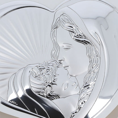 Quadro in argento Madonna con Bambino, cuore, retro doppio legno 37,5x30 cm