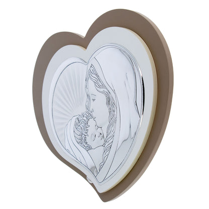 Quadro in argento Madonna con Bambino, cuore, retro doppio legno 37,5x30 cm