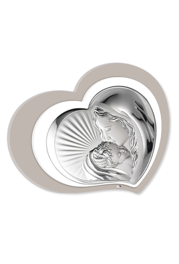 Quadro in argento Madonna con Bambino, cuore, retro doppio legno 37,5x30 cm
