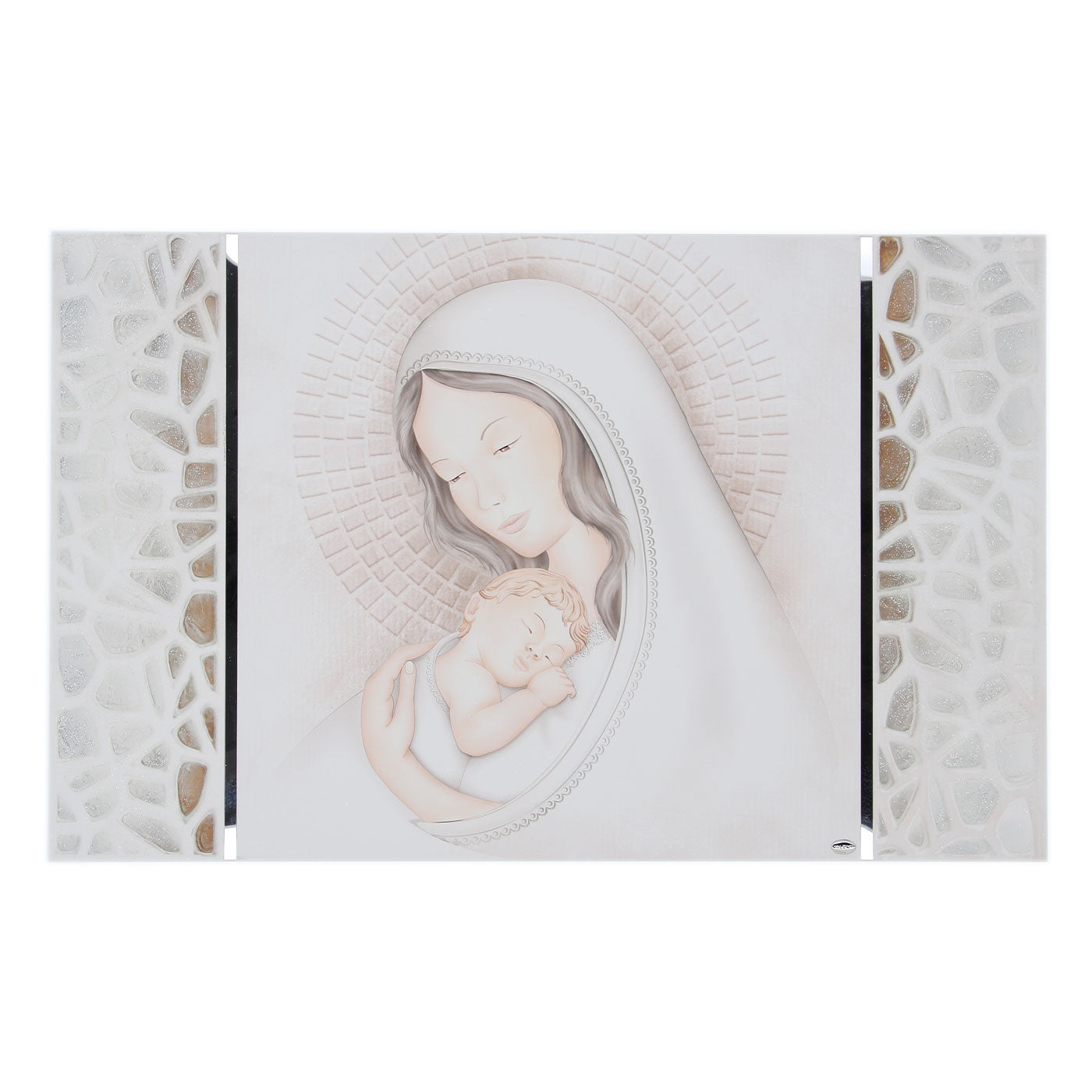 Quadro Madonna con Bambino con particolari in argento. Dimensioni 80x52 cm