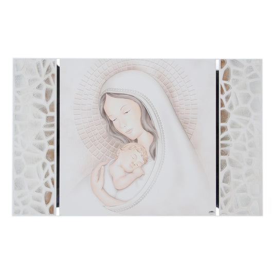 Quadro Madonna con Bambino con particolari in argento. Dimensioni 80x52 cm