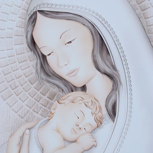 Quadro Madonna con Bambino con particolari in argento. Dimensioni 80x52 cm