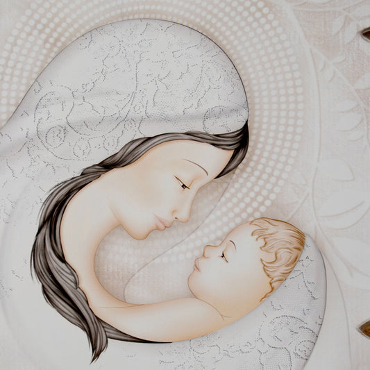 Quadro Madonna con Bambino e Albero della Vita con particolari in argento. Dimensioni 98x48 cm