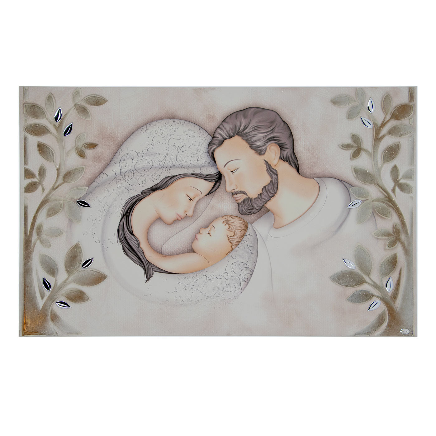 Quadro Sacra Famiglia e Albero della Vita con particolari in argento. Dimensioni 80x52 cm