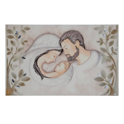 Quadro Sacra Famiglia e Albero della Vita con particolari in argento. Dimensioni 80x52 cm