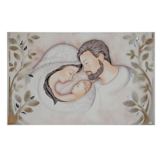 Quadro Sacra Famiglia e Albero della Vita con particolari in argento. Dimensioni 80x52 cm