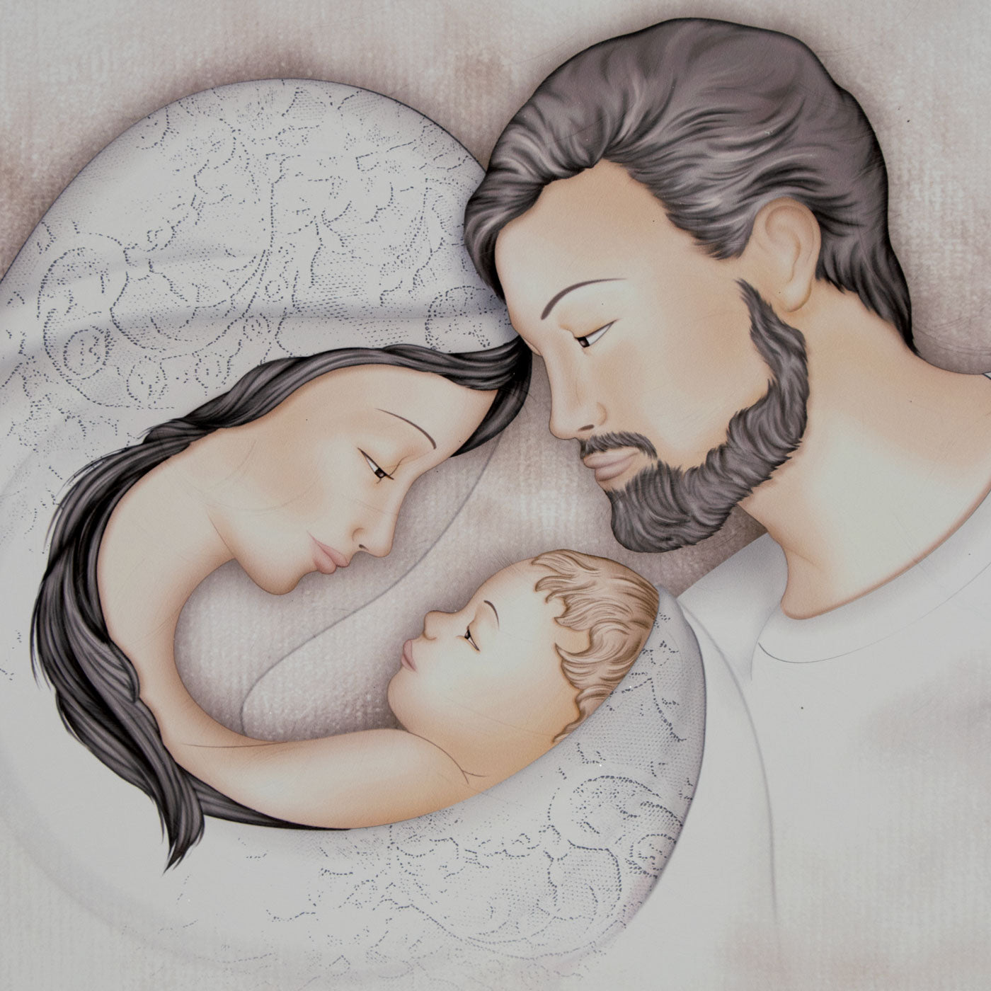Quadro Sacra Famiglia e Albero della Vita con particolari in argento. Dimensioni 80x52 cm