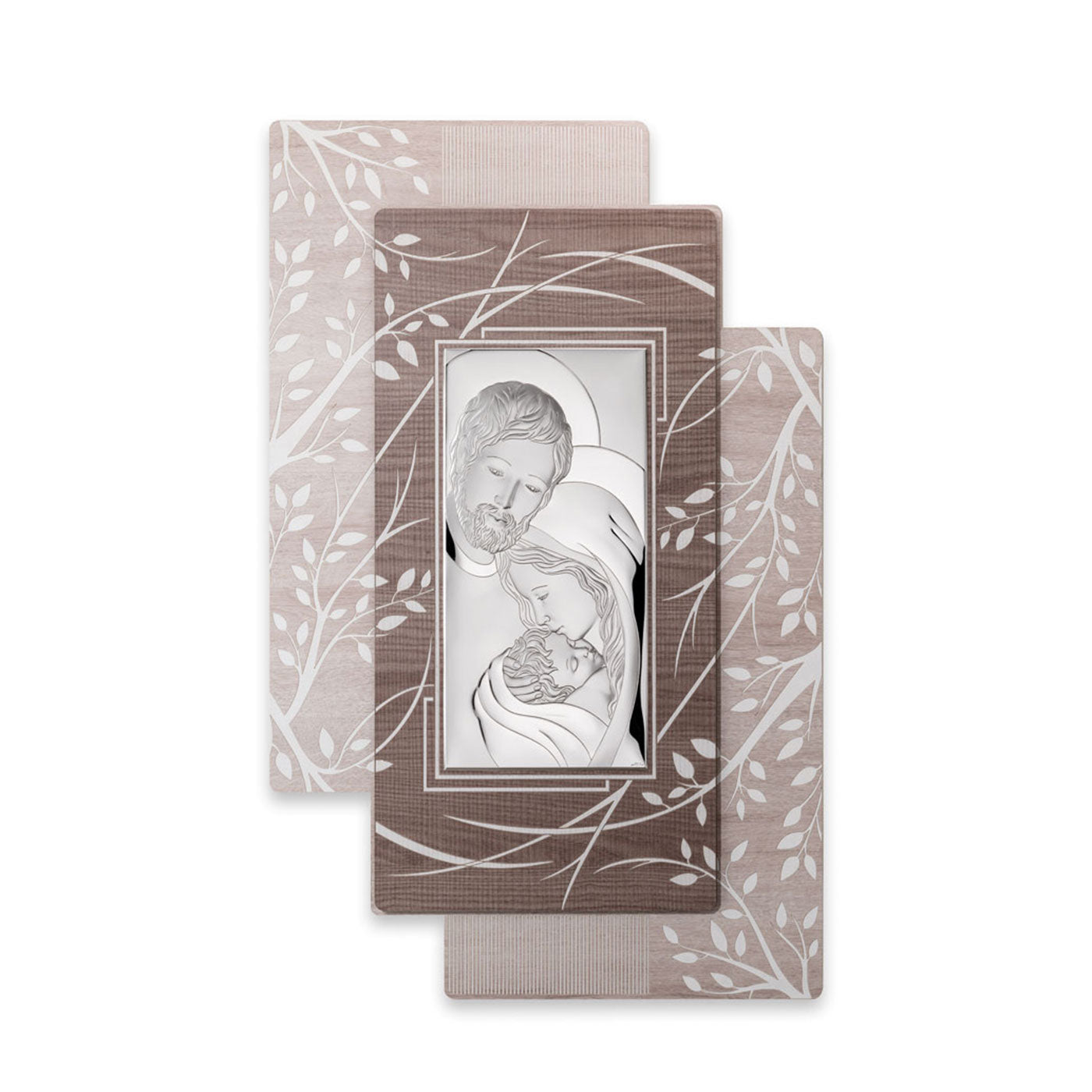Quadro in argento Sacra Famiglia su legno con decorazione albero della vita. Dimensioni 52x81,5 cm