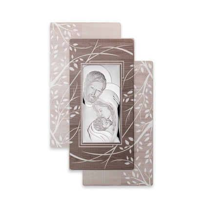Quadro in argento Sacra Famiglia su legno con decorazione albero della vita. Dimensioni 52x81,5 cm