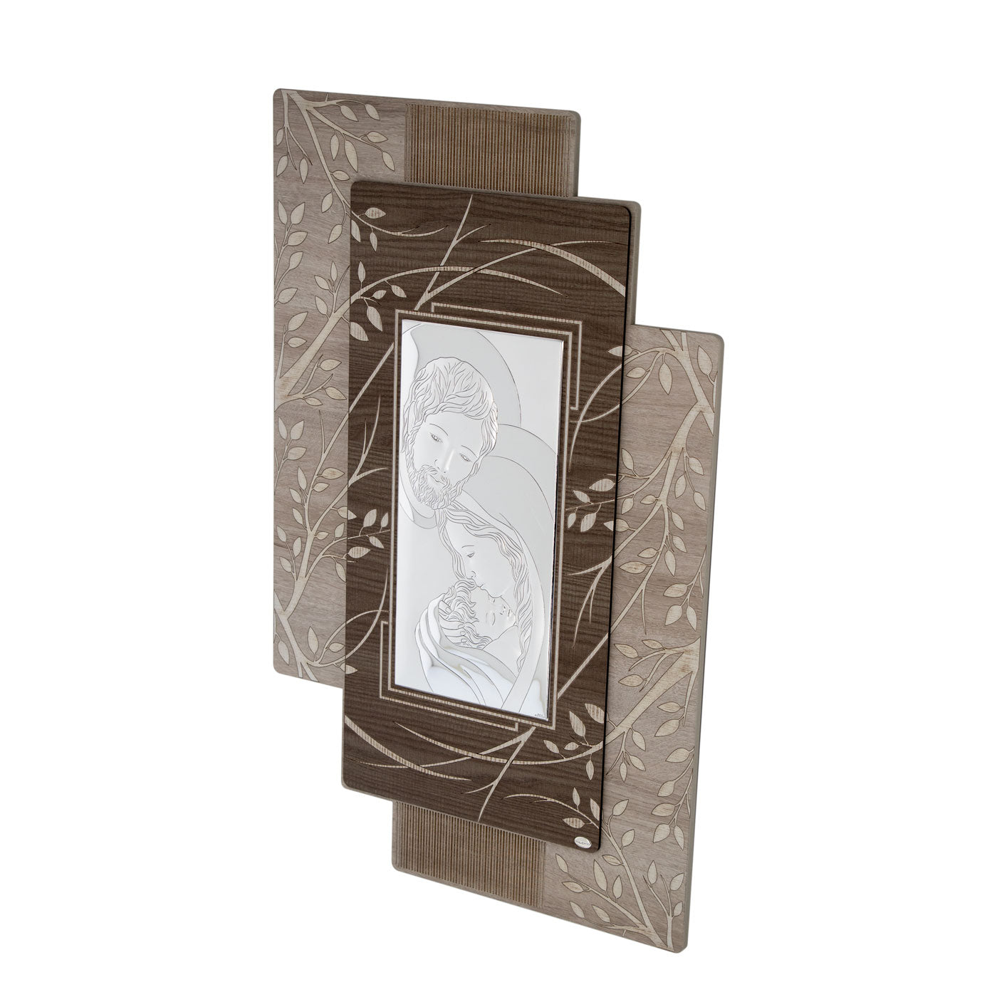 Quadro in argento Sacra Famiglia su legno con decorazione albero della vita. Dimensioni 52x81,5 cm