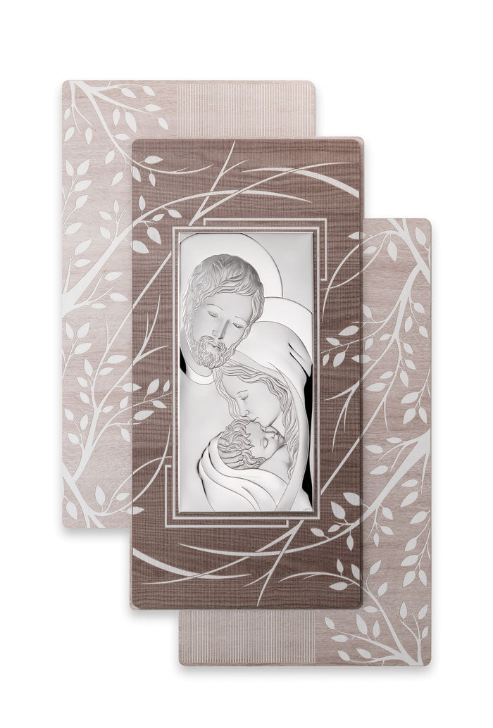 Quadro in argento Sacra Famiglia su legno con decorazione albero della vita. Dimensioni 52x81,5 cm