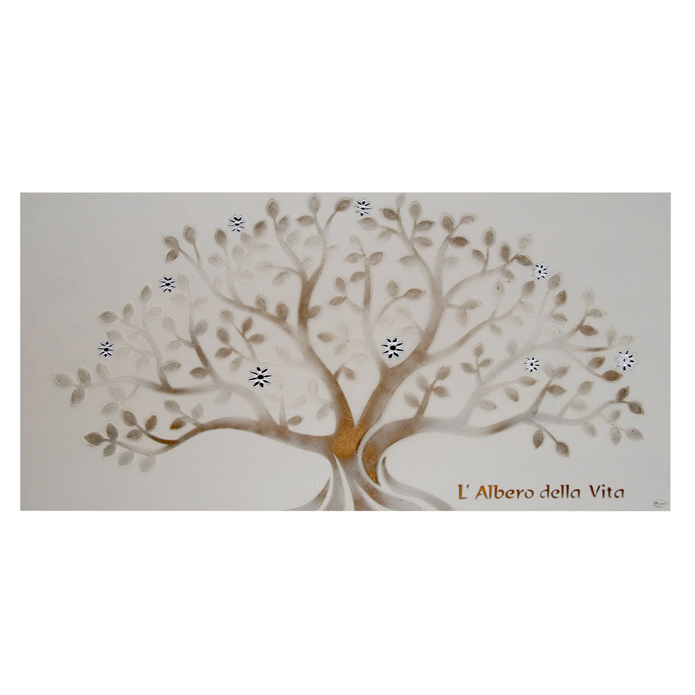 Quadro Albero della Vita in legno decorato e particolari in argento. Dimensioni 98x48 cm