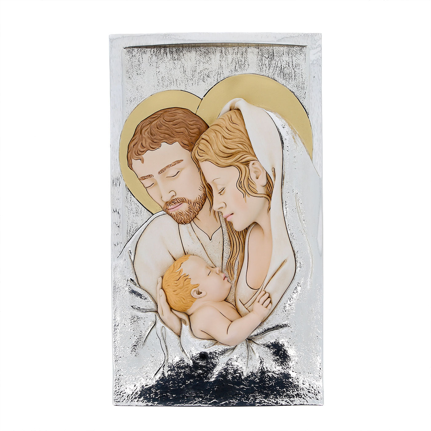 Quadro Sacra Famiglia in resina argentata su legno. Dimensioni 23x40 cm