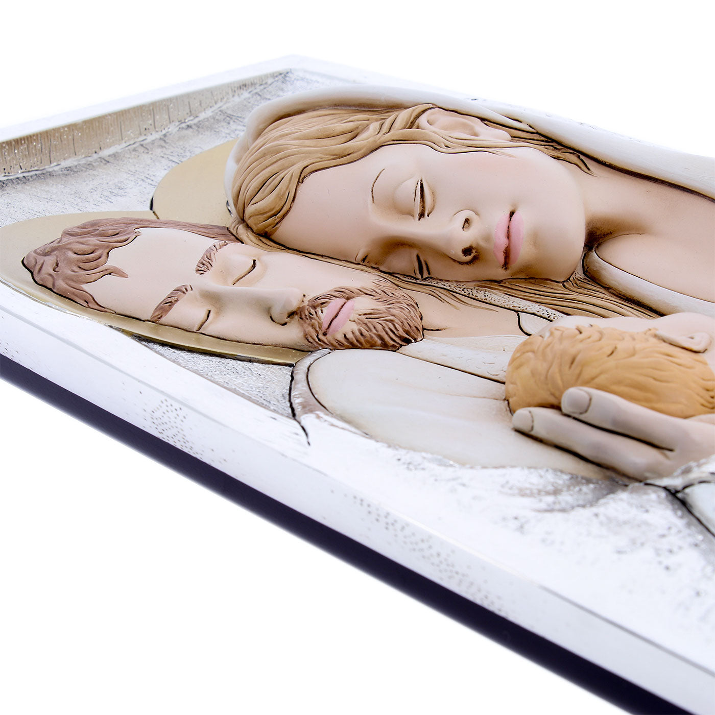Quadro Sacra Famiglia in resina argentata su legno. Dimensioni 23x40 cm