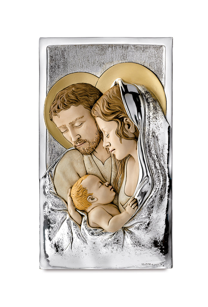 Quadro Sacra Famiglia in resina argentata su legno. Dimensioni 23x40 cm