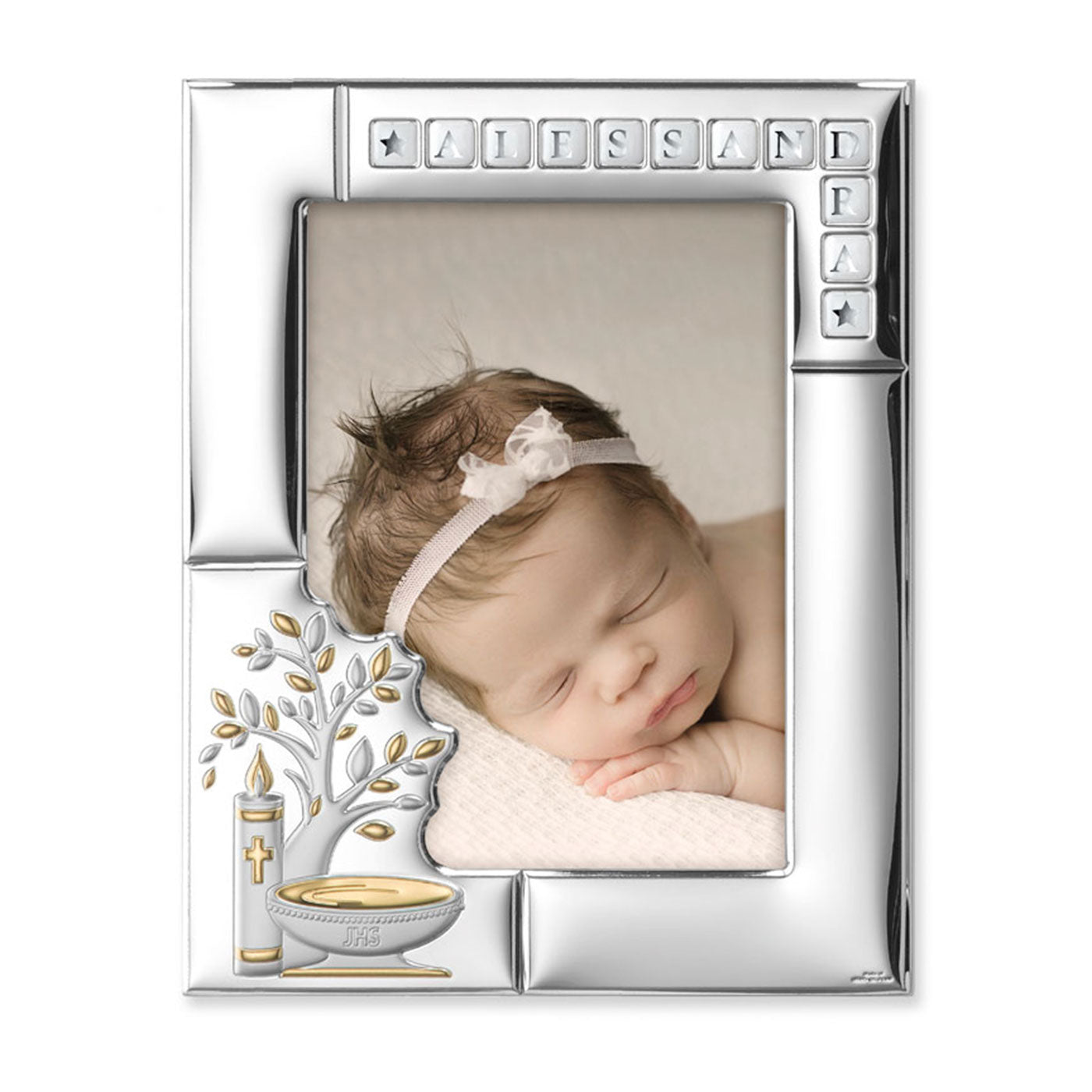 Portafoto Battesimo in argento personalizzabile. Dimensioni 20x25 cm