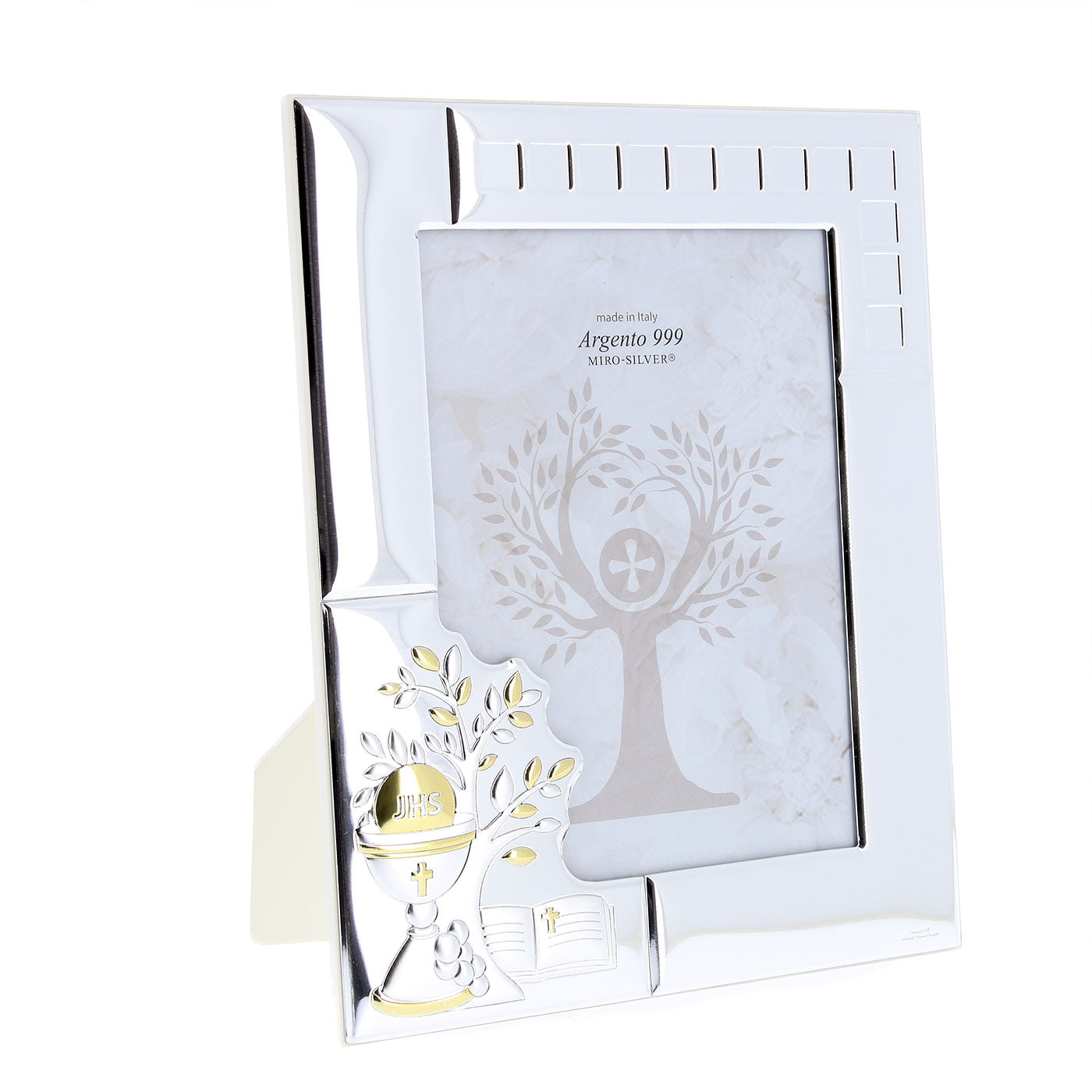 Portafoto Comunione in argento personalizzabile. Dimensioni 20x24,5 cm