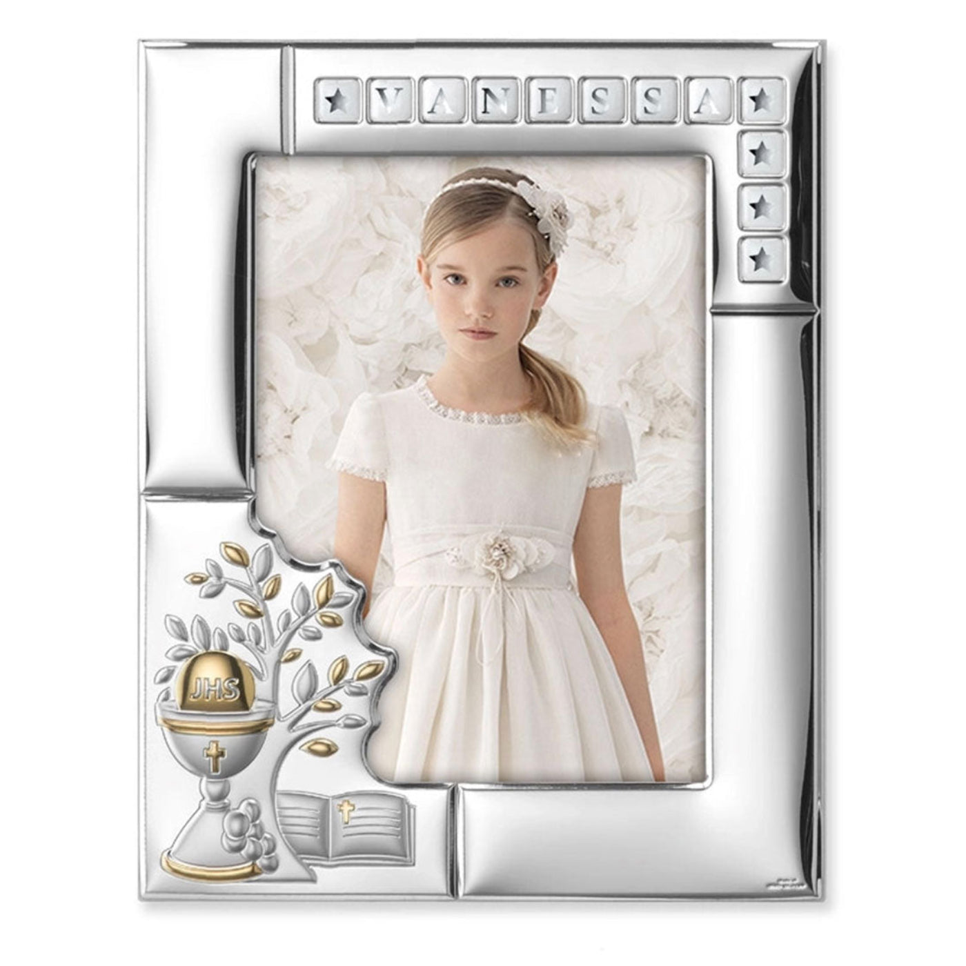 Portafoto Comunione in argento personalizzabile. Dimensioni 20x24,5 cm