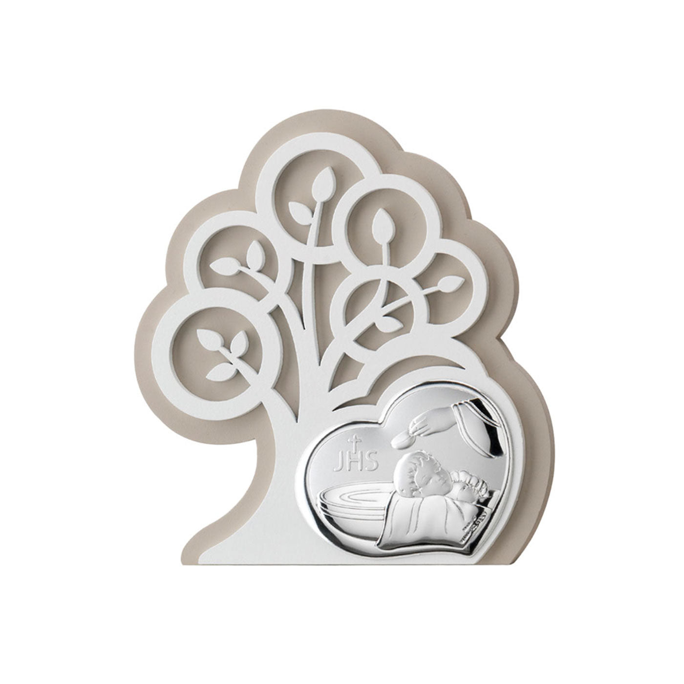 Quadro moderno Battesimo in argento su albero della vita in legno. Dimensioni 14x15,5 cm