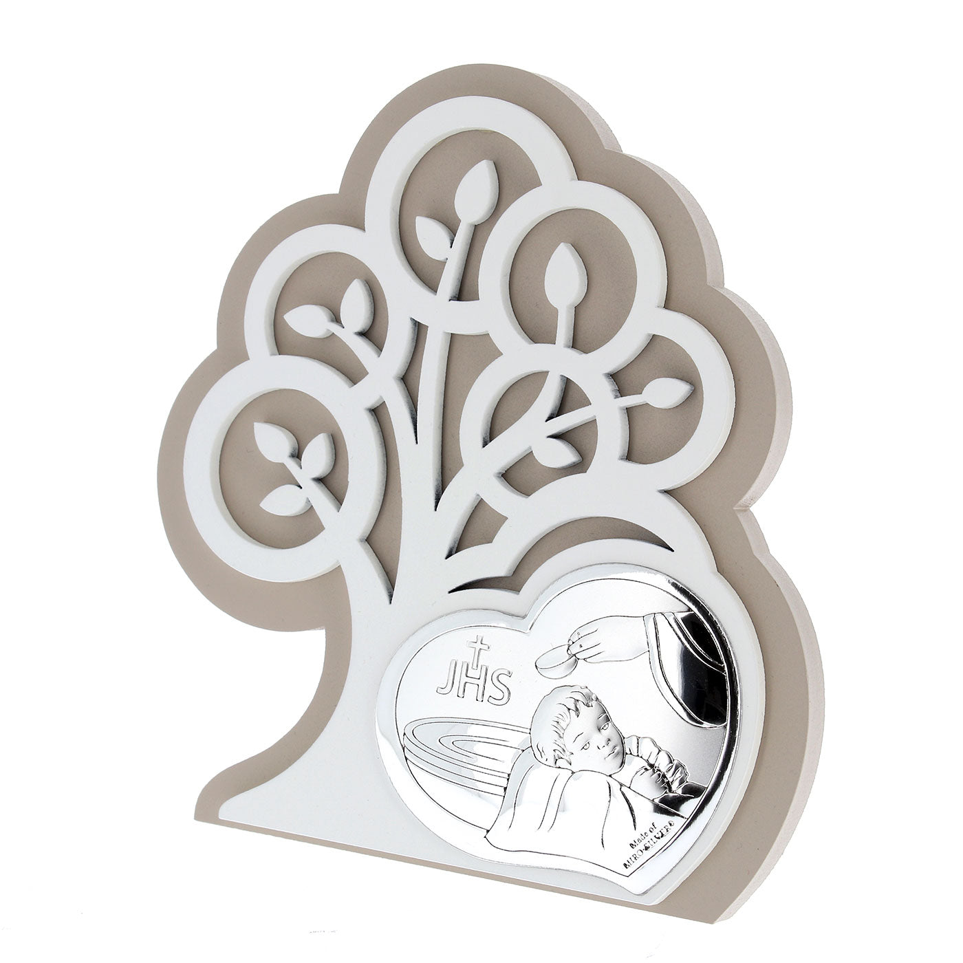 Quadro moderno Battesimo in argento su albero della vita in legno. Dimensioni 14x15,5 cm
