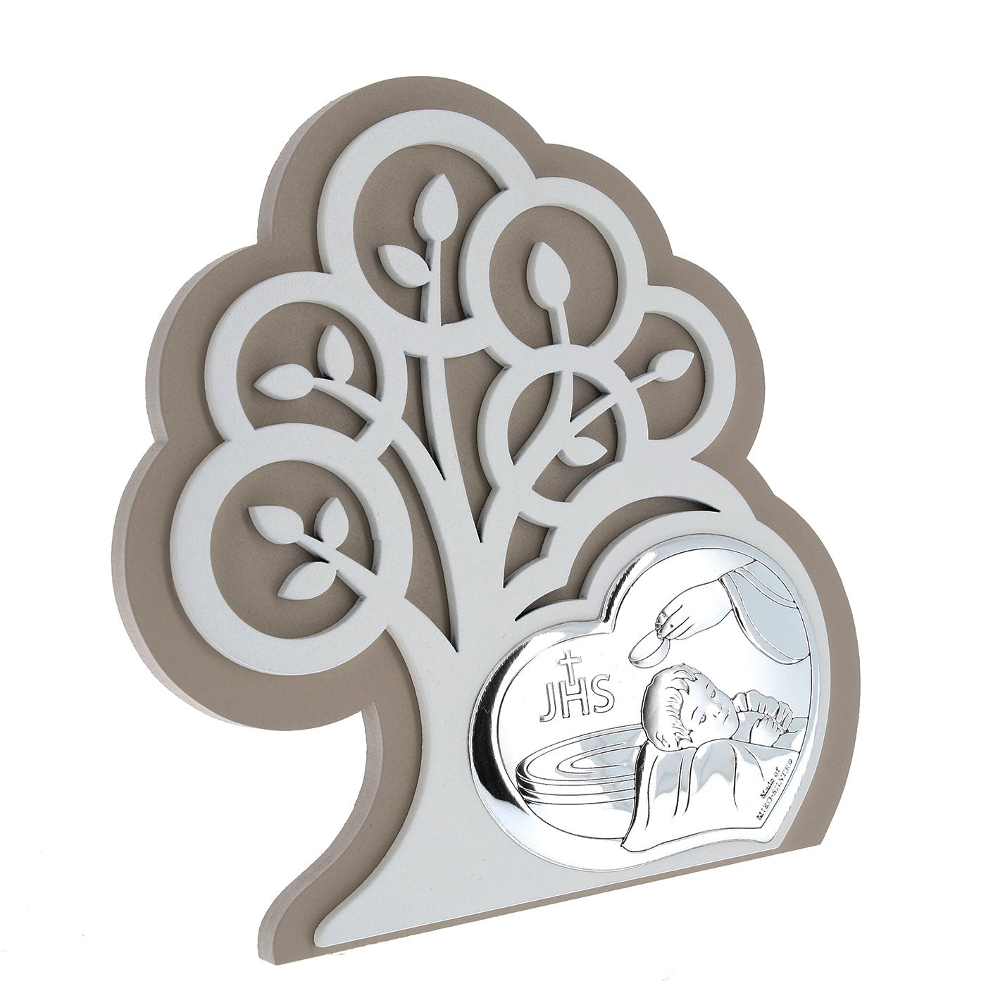 Quadro moderno Battesimo in argento su albero della vita in legno. Dimensioni 14x15,5 cm