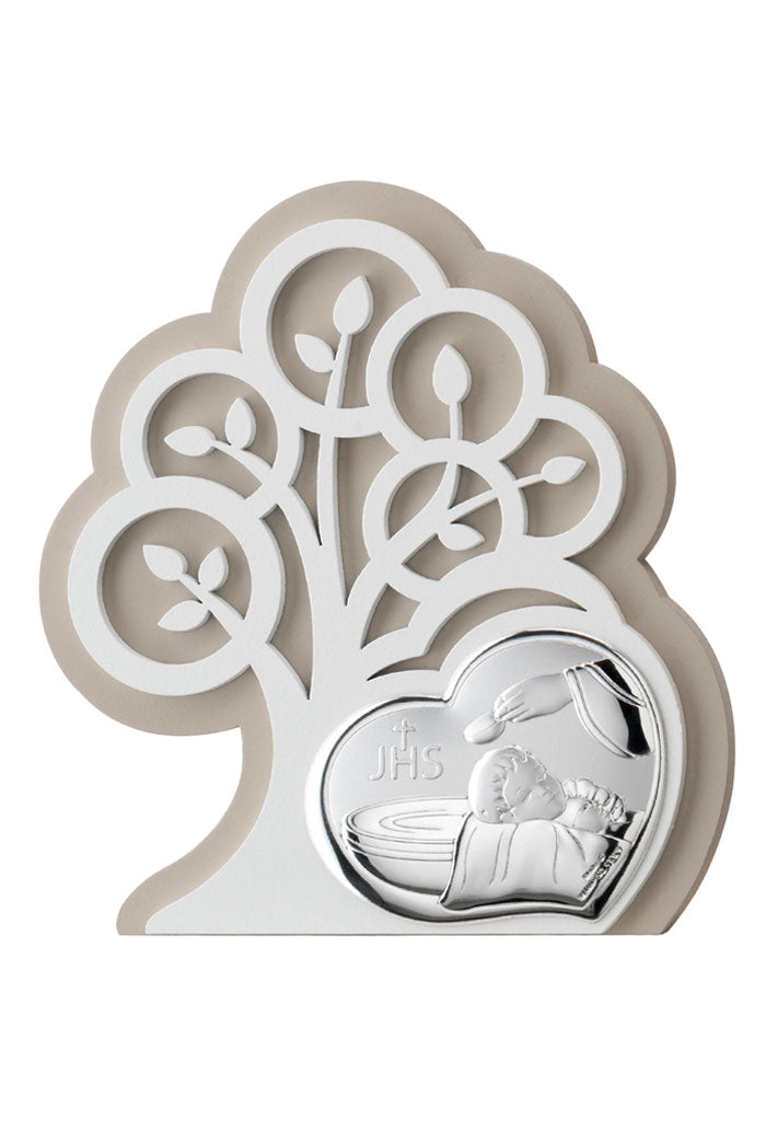 Quadro moderno Battesimo in argento su albero della vita in legno. Dimensioni 14x15,5 cm