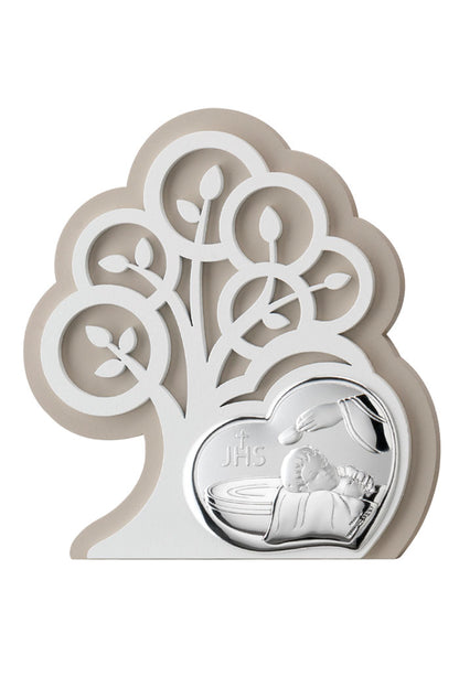 Quadro moderno Battesimo in argento su albero della vita in legno. Dimensioni 14x15,5 cm
