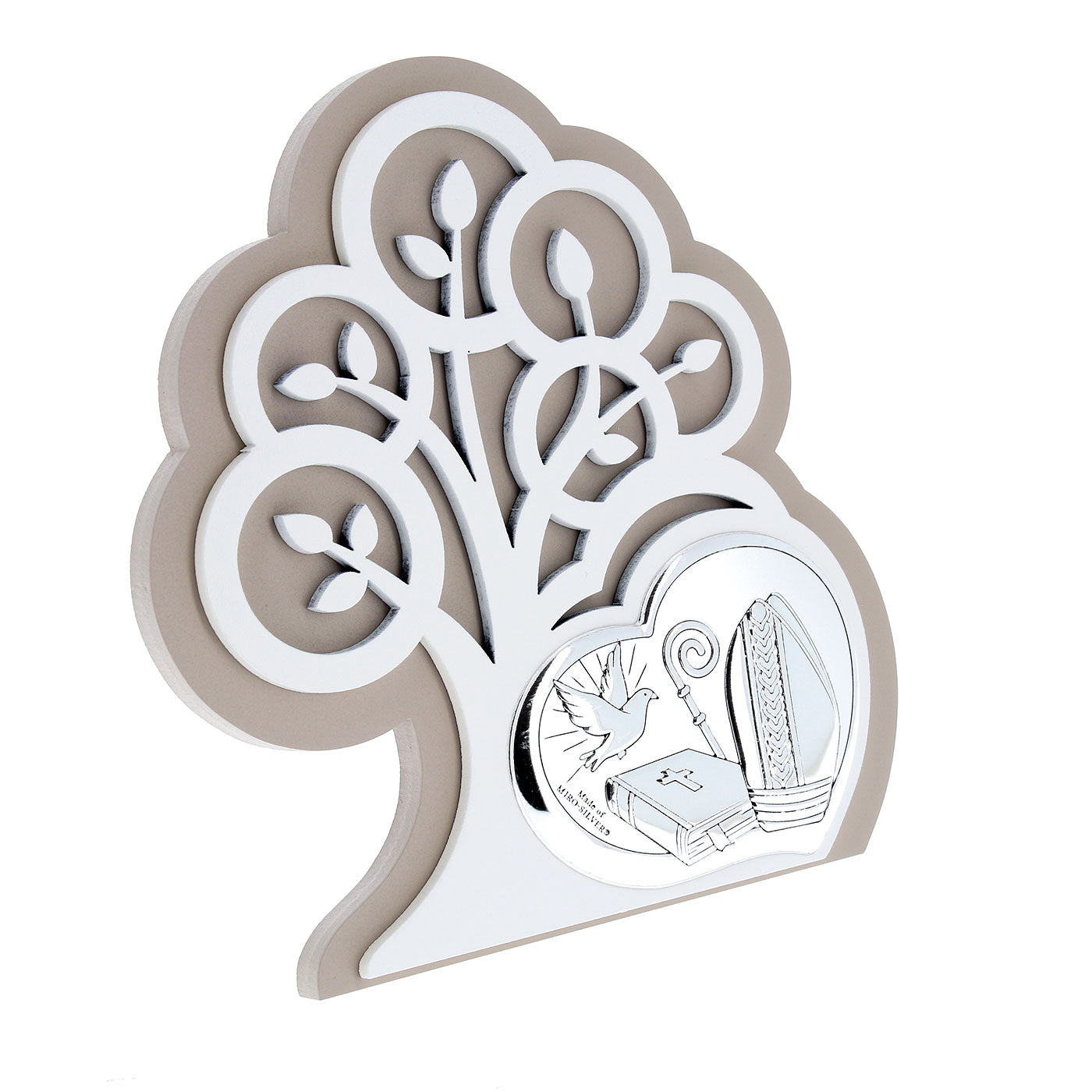 Quadro moderno Cresima in argento su albero della vita in legno. Dimensioni 14x15,5 cm
