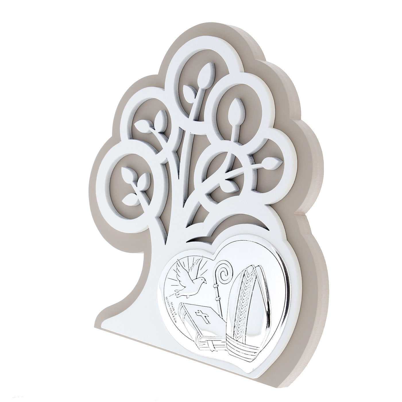 Quadro moderno Cresima in argento su albero della vita in legno. Dimensioni 14x15,5 cm