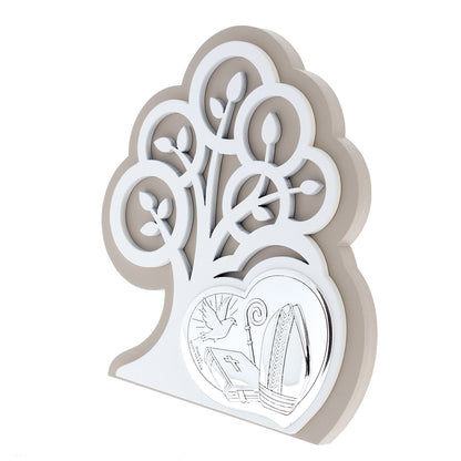 Quadro moderno Cresima in argento su albero della vita in legno. Dimensioni 14x15,5 cm