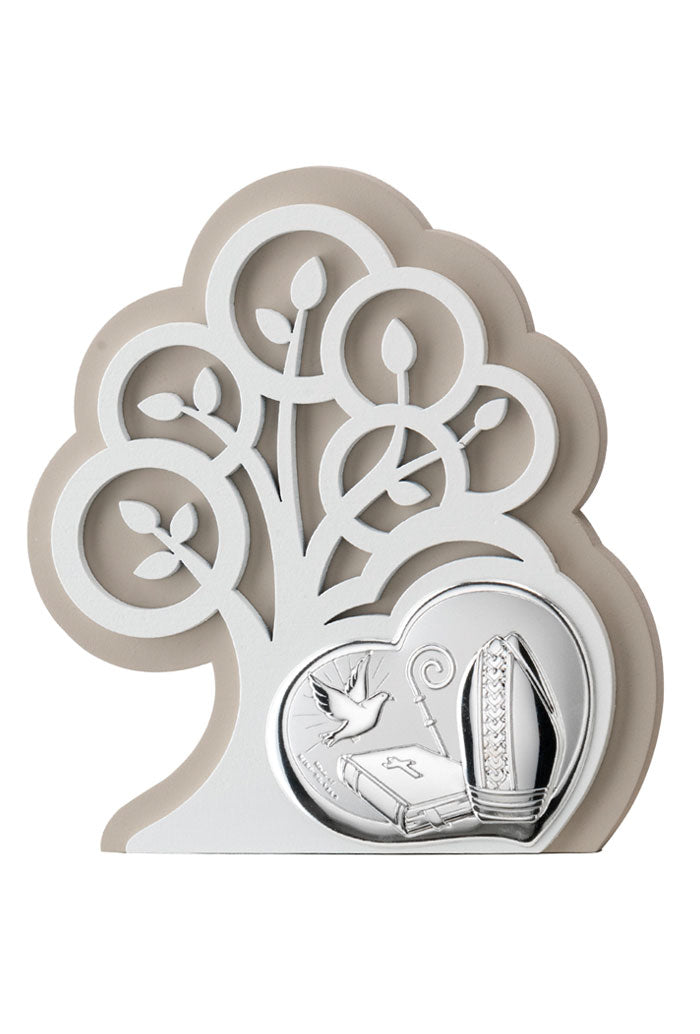 Quadro moderno Cresima in argento su albero della vita in legno. Dimensioni 14x15,5 cm