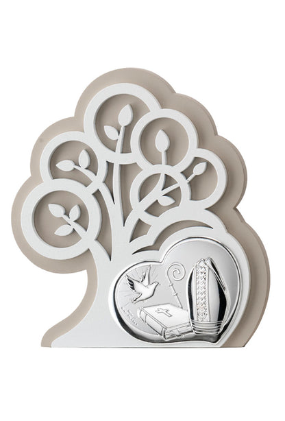 Quadro moderno Cresima in argento su albero della vita in legno. Dimensioni 14x15,5 cm