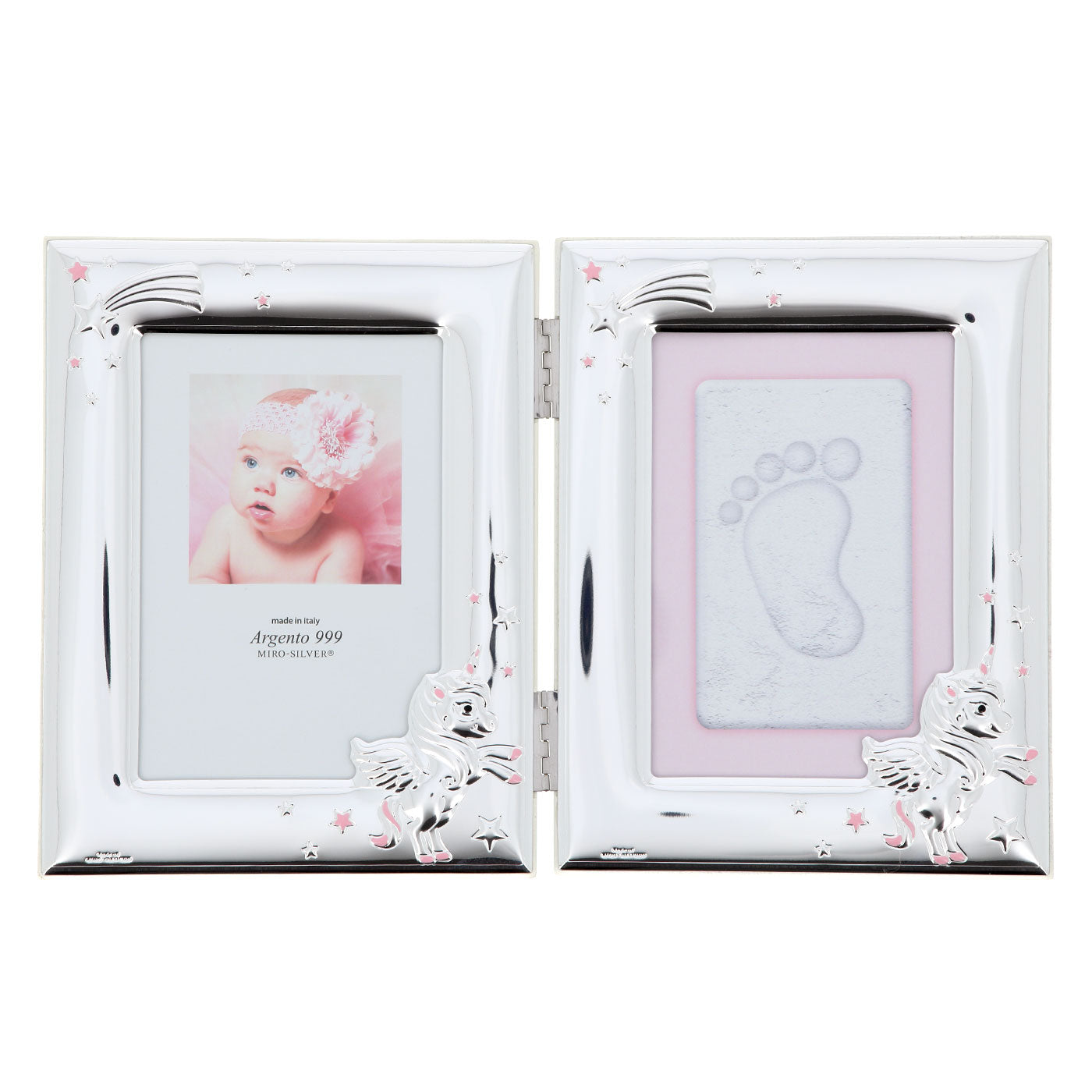 Portafoto in argento con kit per impronte neonata, rosa. Dimensioni 15x18 cm