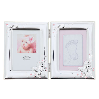 Portafoto in argento con kit per impronte neonata, rosa. Dimensioni 15x18 cm