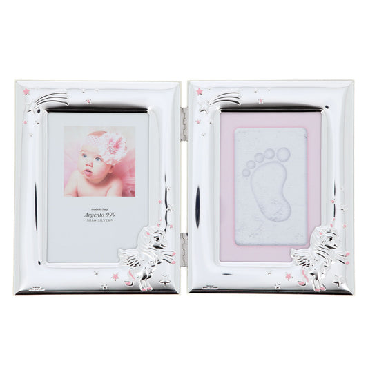 Portafoto in argento con kit per impronte neonata, rosa. Dimensioni 15x18 cm