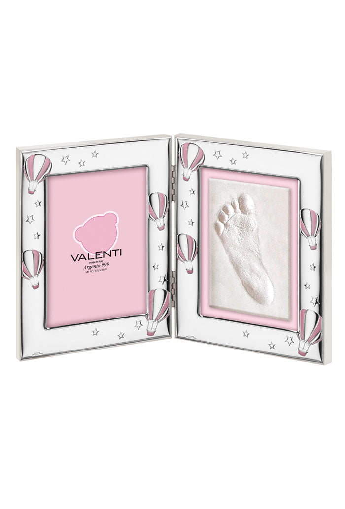 Portafoto in argento con kit per impronte neonata, rosa. Dimensioni 15x18 cm
