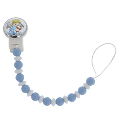 Catenella portaciuccio in silicone alimentare, celeste, con clip Angelo in argento